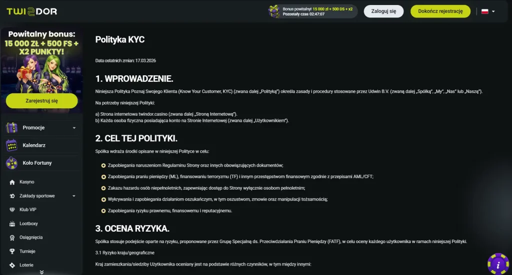 Aktualna oficjalna KYC Policy Twindor lub jej nagłówek na stronie operatora