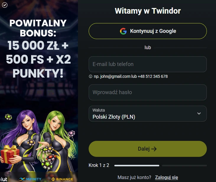 Aktualny oficjalny formularz rejestracji Twindor z wyborem PLN