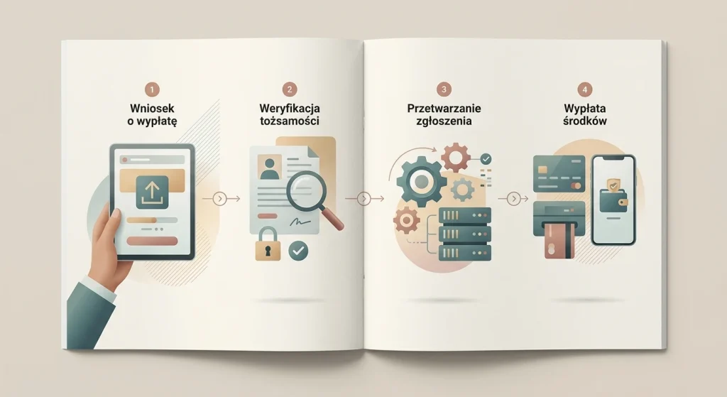 Neutralny schemat procesu wypłaty od zlecenia przez ewentualne KYC do metody odbioru środków