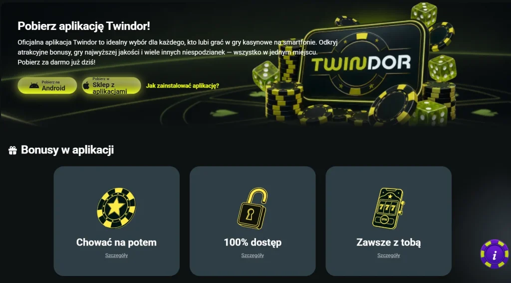 Sekcja mobilna oficjalnej strony Twindor z przyciskami Android i App Store